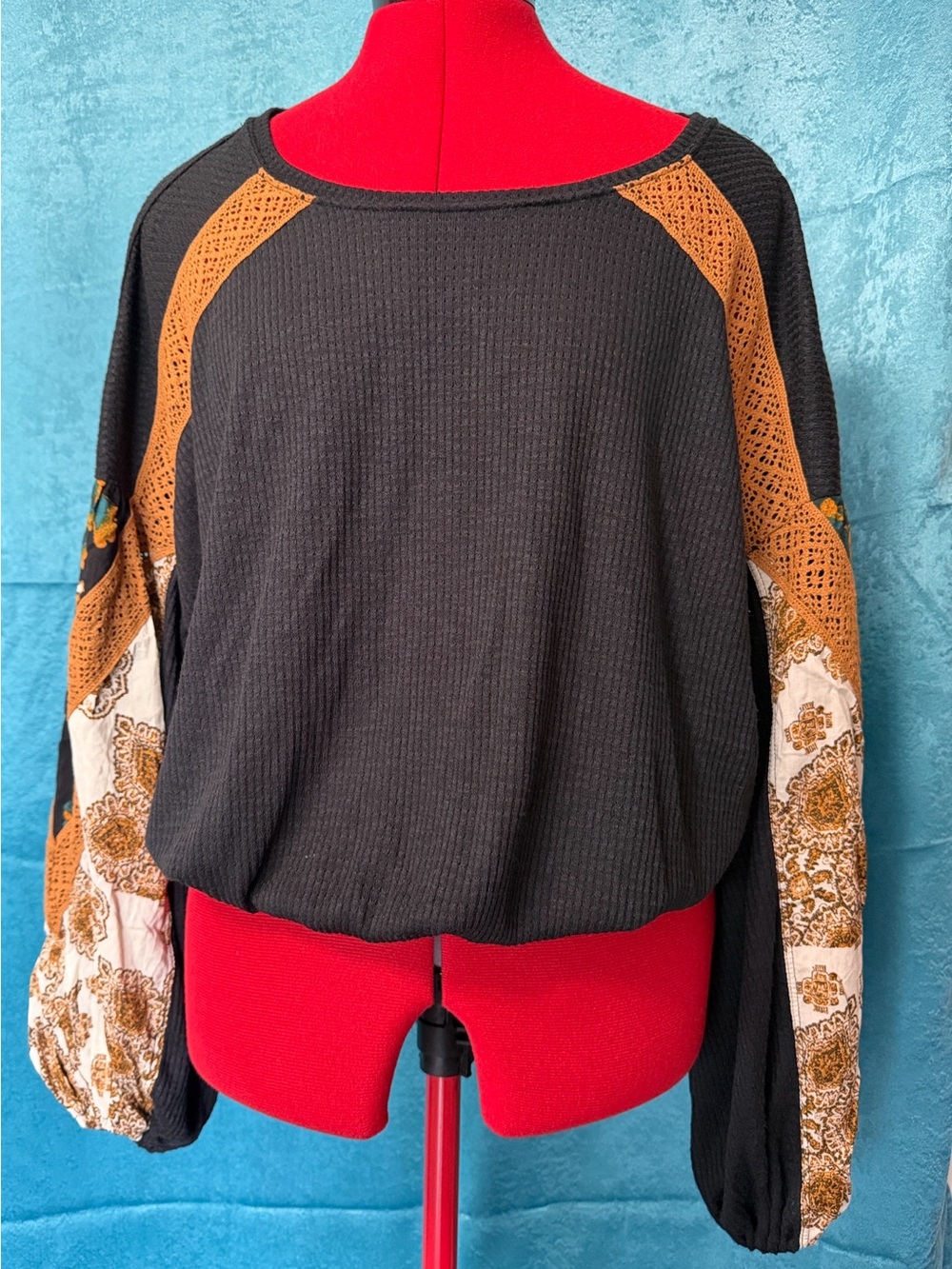 Free People Black Combo Waffle Knit Top